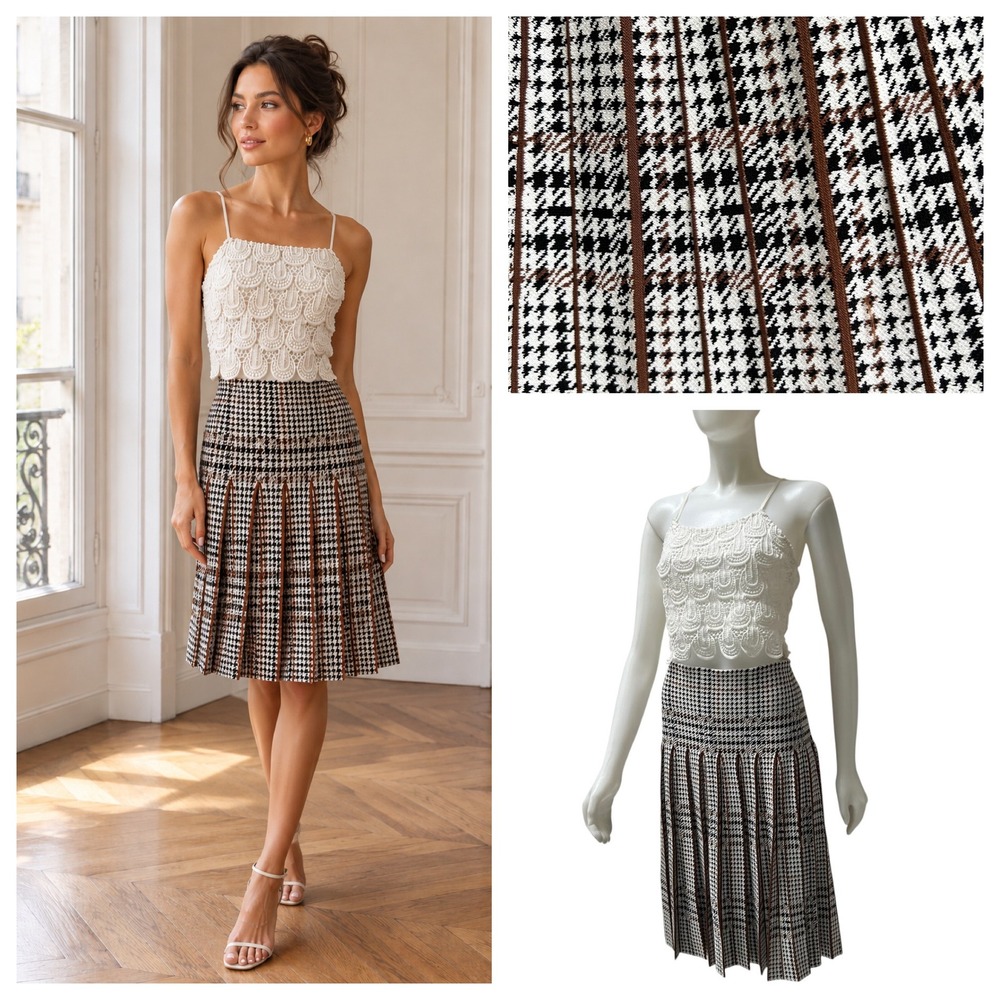 Houndstooth Pleated Knit Midi Skirt Drop Waist Preppy Office Siren Sz Large